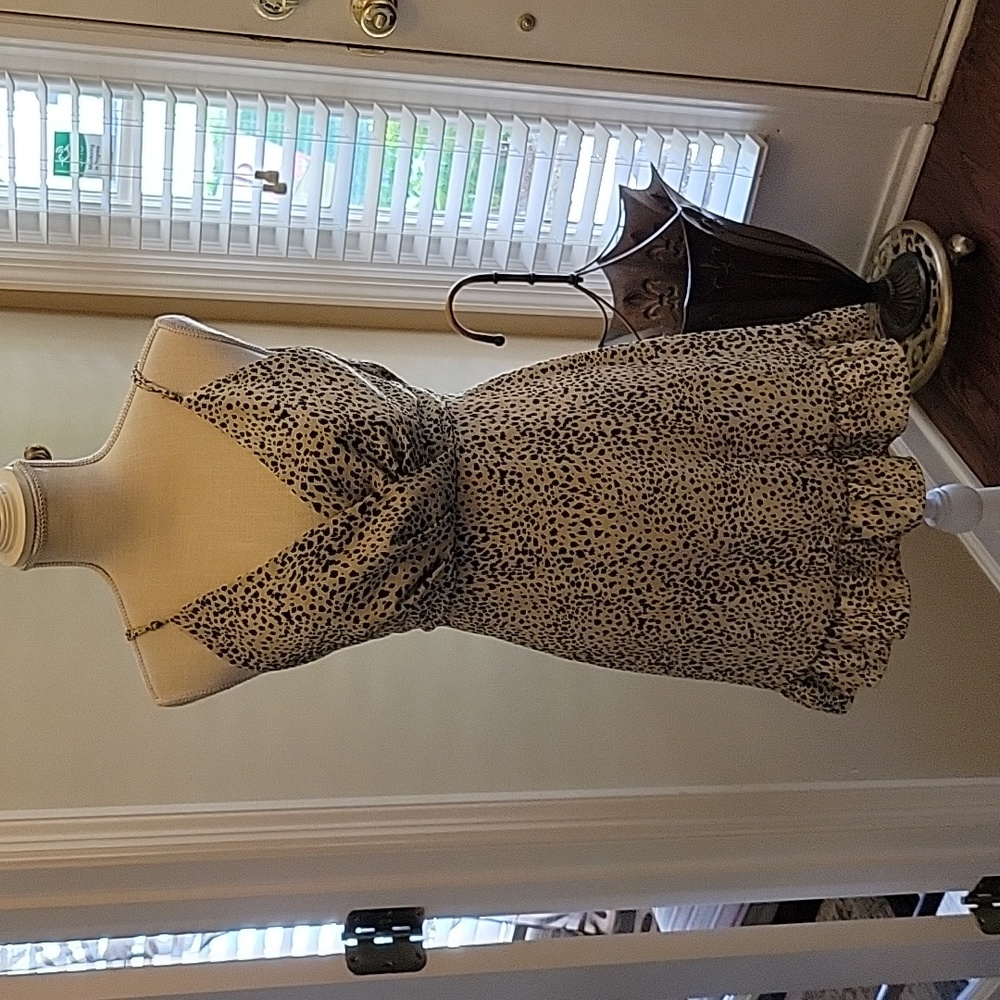 b original Shoe Fly cream black animal print spaghetti strap ruffle dress S …EUC